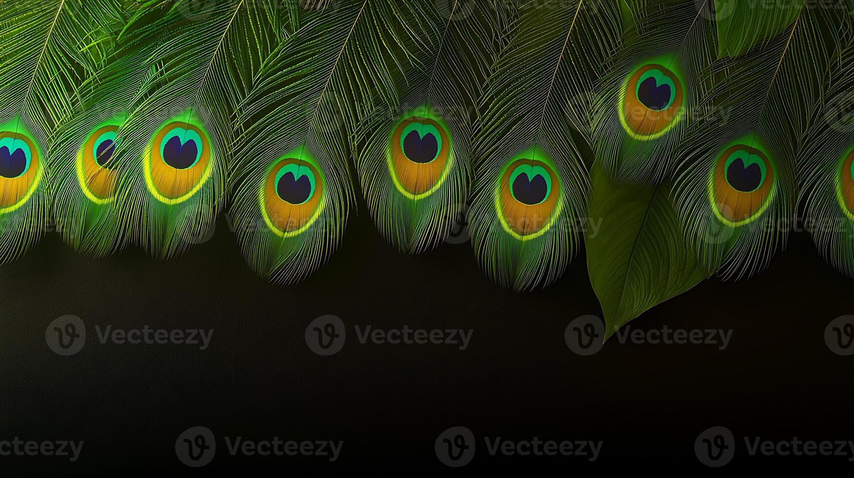 Vibrant peacock feathers arranged in a stunning display against a dark background photo