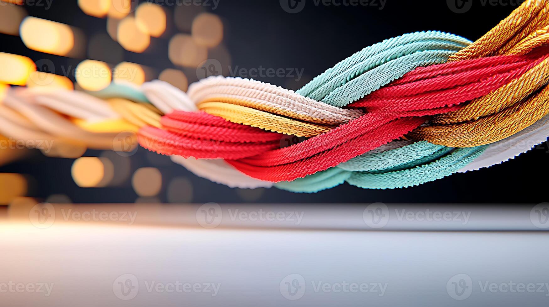 Colorful braided ribbons intertwined against a blurred, illuminated background, creating a vibrant effect photo