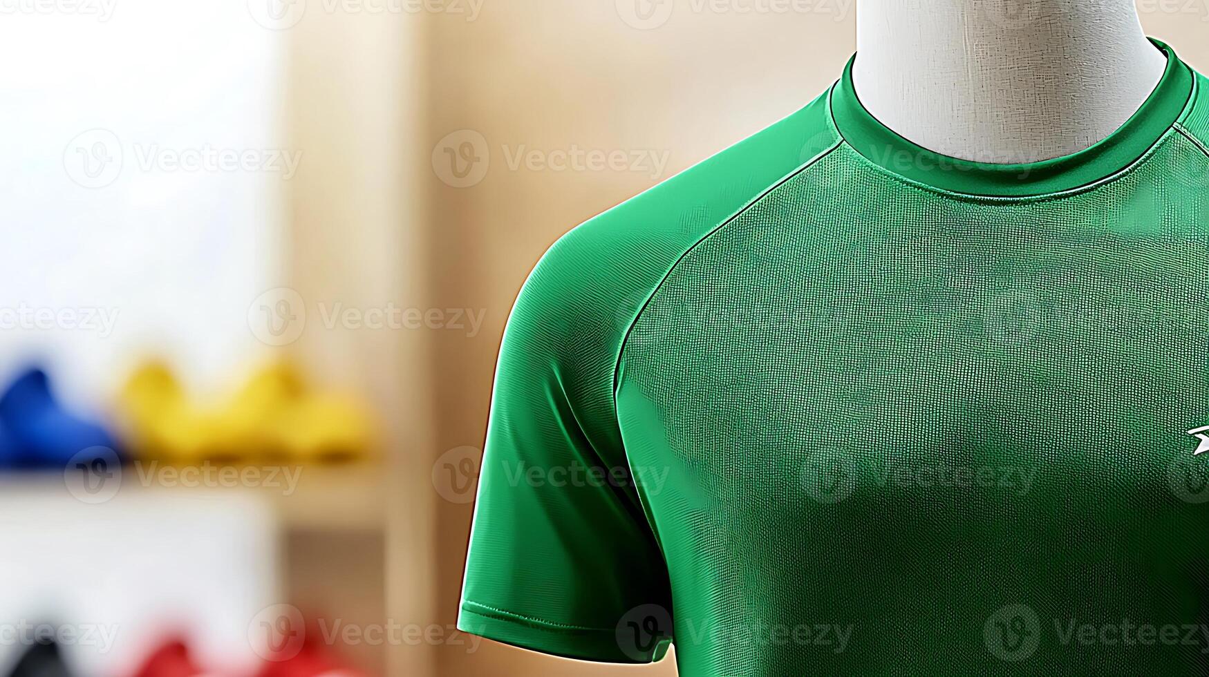 Close-up of a green athletic shirt displayed on a mannequin in a vibrant retail environment photo
