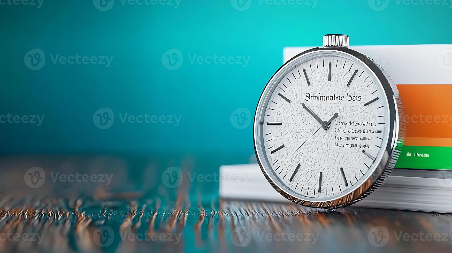 Elegant silver watch resting on a wooden table with colorful background elements photo