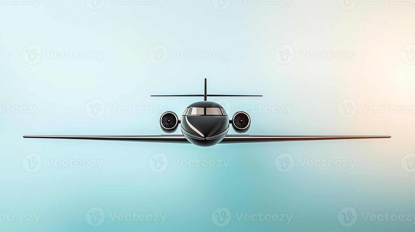 Sleek black private jet viewed head-on against a gradient blue background with soft lighting photo
