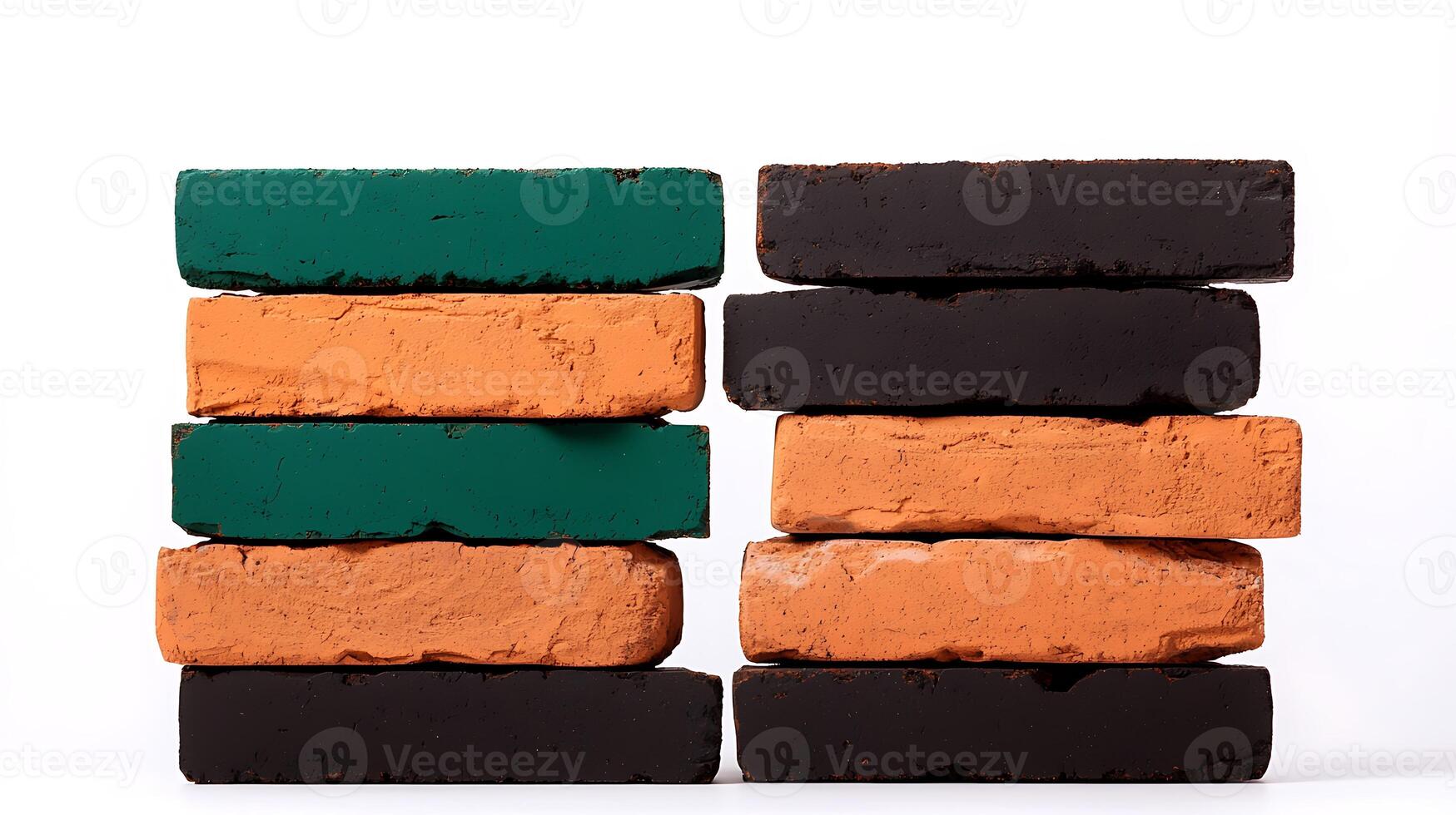 Stacked bricks in vibrant colors showcasing artistic arrangement against a white background photo