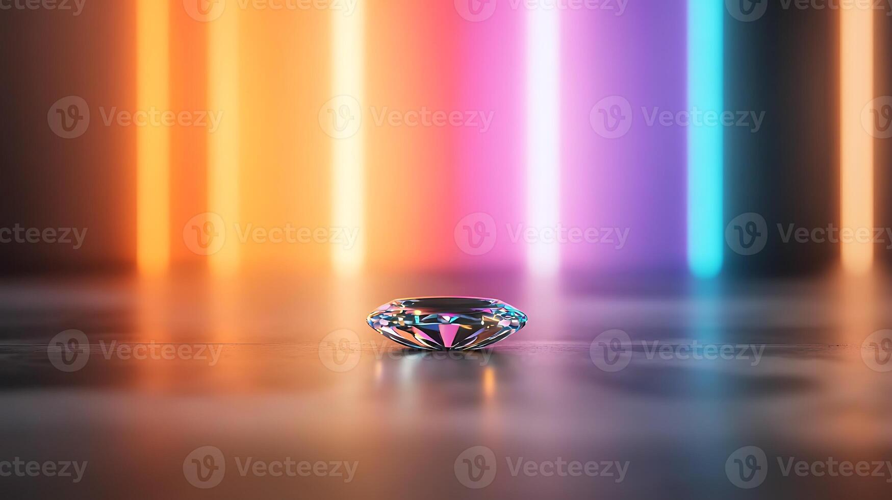 A sparkling diamond resting on a reflective surface, illuminated by colorful neon lights in the background photo