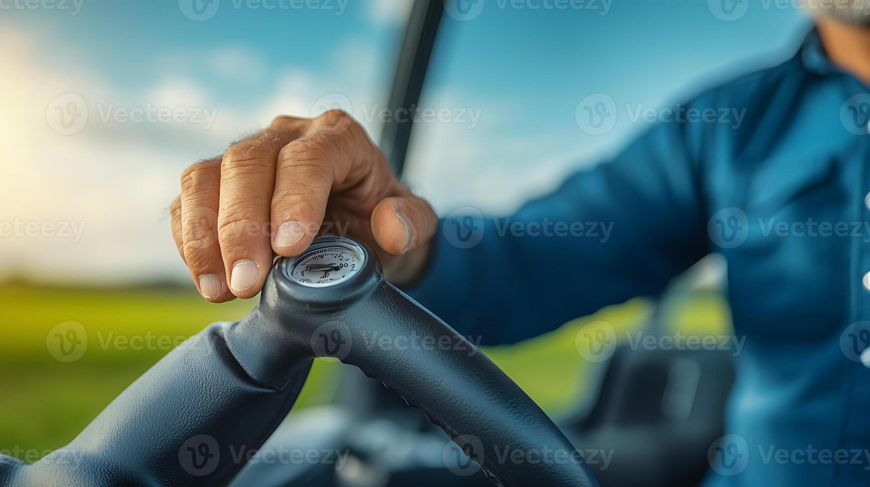 Close-up of a farmer adjusting a steering wheel in a tractor under a sunny sky photo