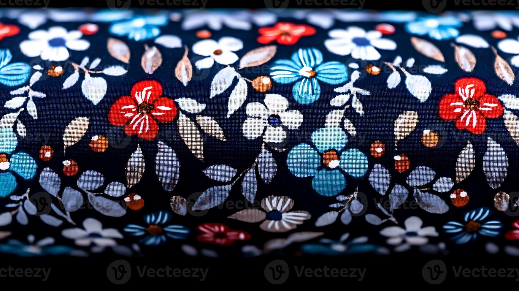 Close-up of a vibrant floral fabric roll displaying intricate patterns and colors photo