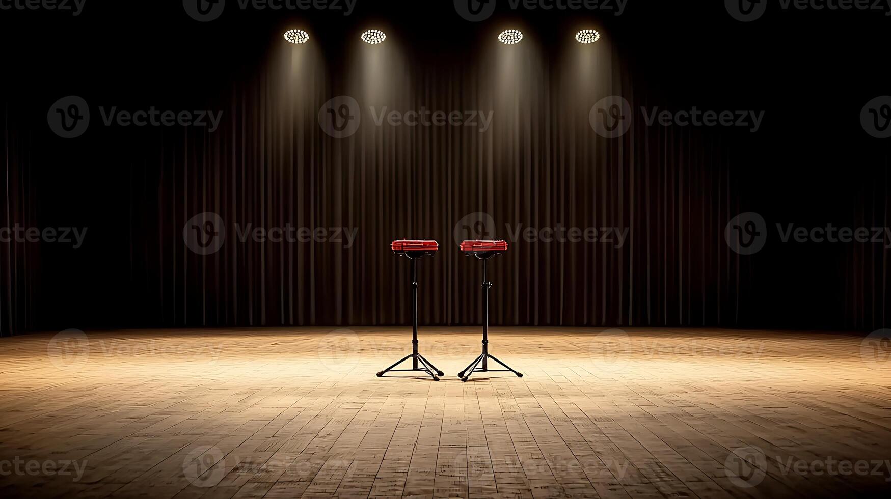 Two red stools positioned on a wooden stage under spotlight, ready for a performance or presentation photo