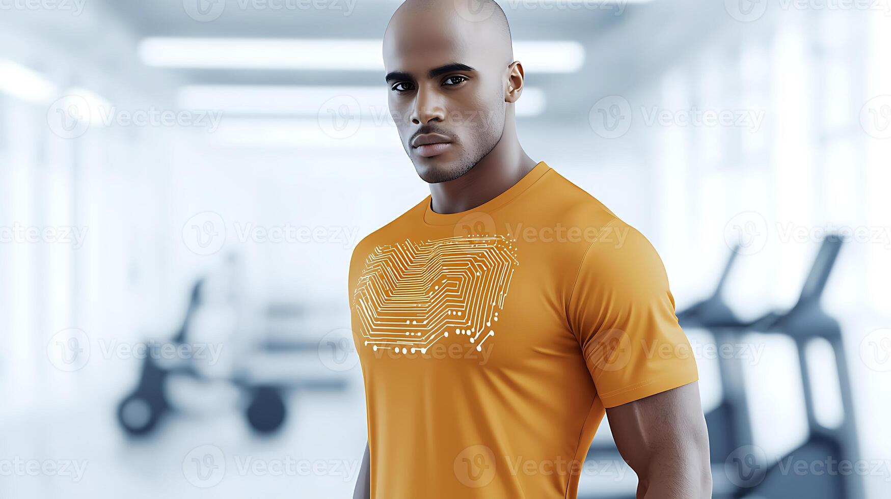 Athletic man in orange shirt poses confidently in a modern gym with fitness equipment in the background photo
