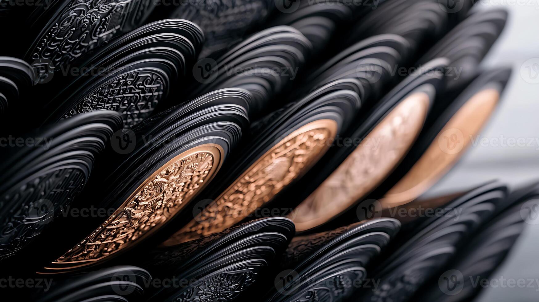 Close-up of intricately designed black and bronze coins stacked in a decorative display photo