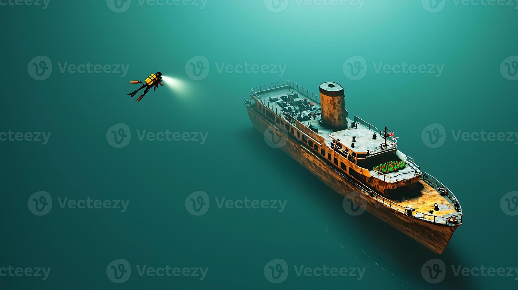 Diver exploring a sunken shipwreck in deep blue water, showcasing marine life and mystery photo