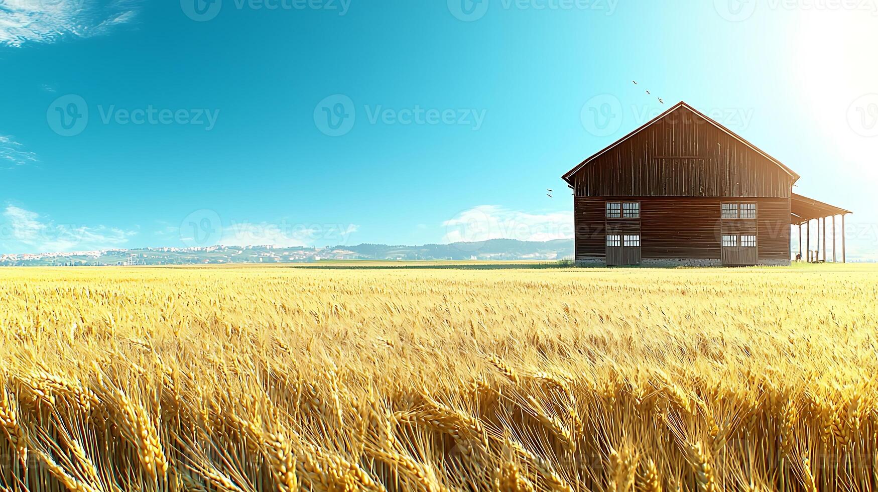 Serene countryside landscape featuring a rustic wooden barn amidst golden wheat fields under a clear blue sky photo