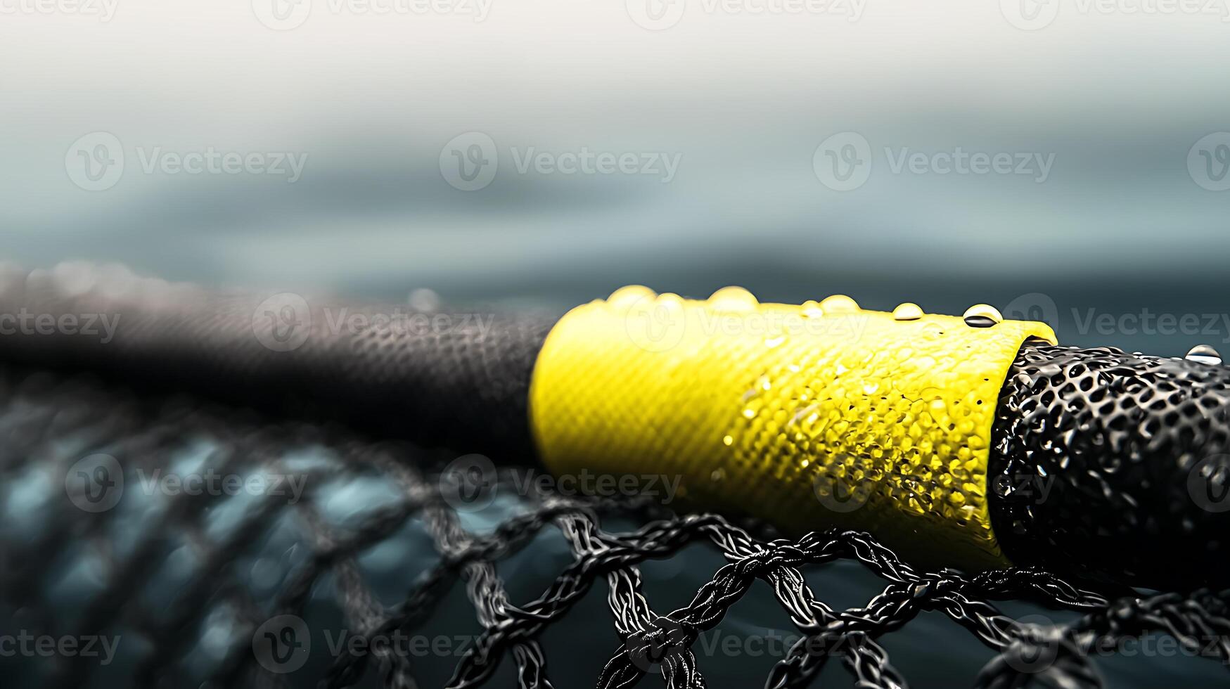 Close-up of a fishing net with droplets on a yellow grip against a blurred water background photo