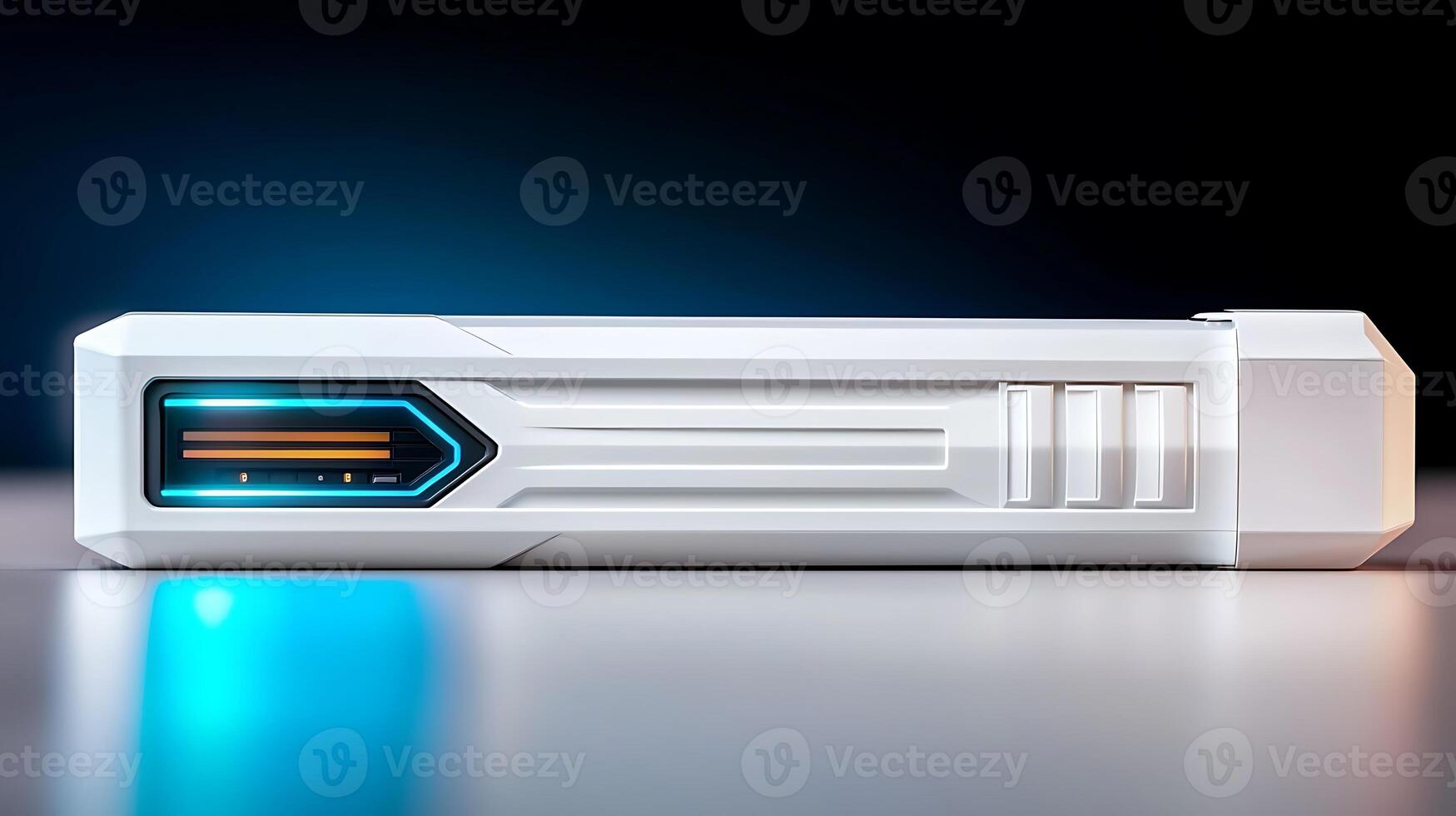 Futuristic white device with glowing blue accents on a sleek surface against a dark background photo