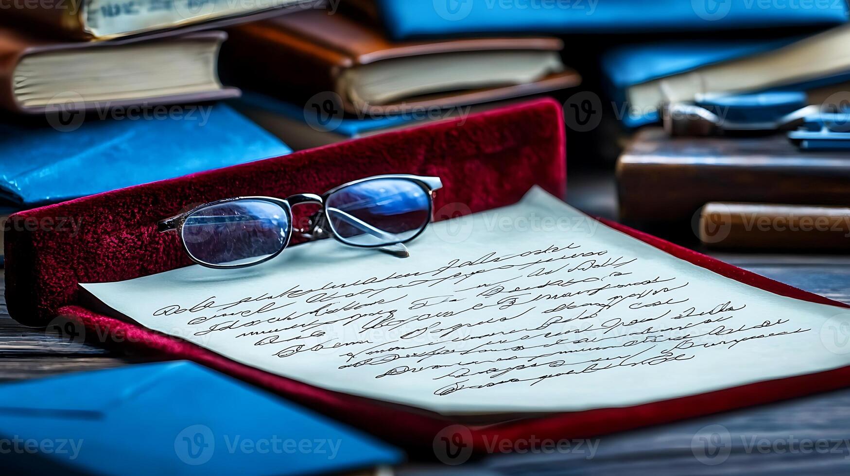 Vintage glasses resting on a handwritten letter surrounded by old books and writing tools photo