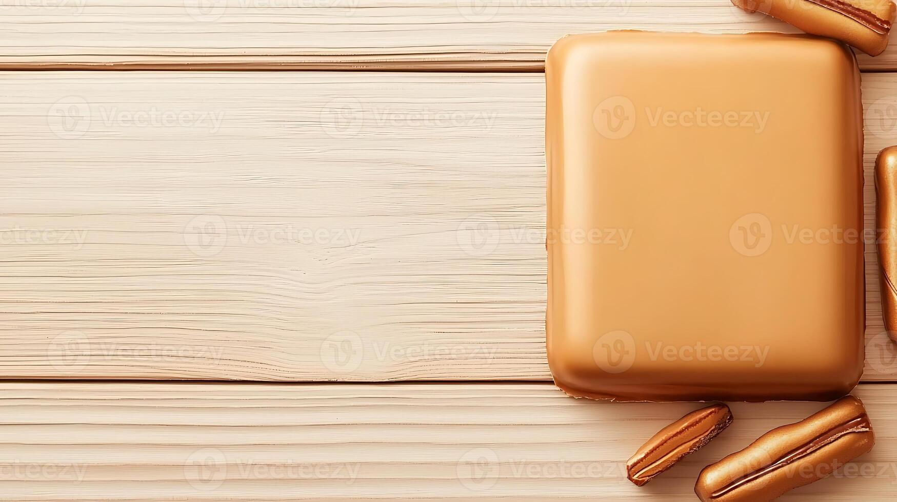 A close-up view of golden-colored desserts arranged on a wooden surface, with a soft focus on the background photo