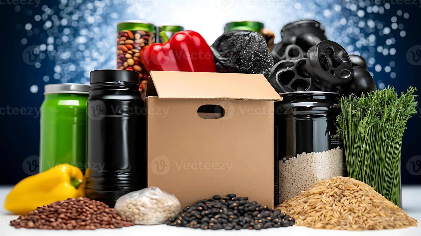 A variety of colorful food items including grains, vegetables, and canned goods arranged attractively photo