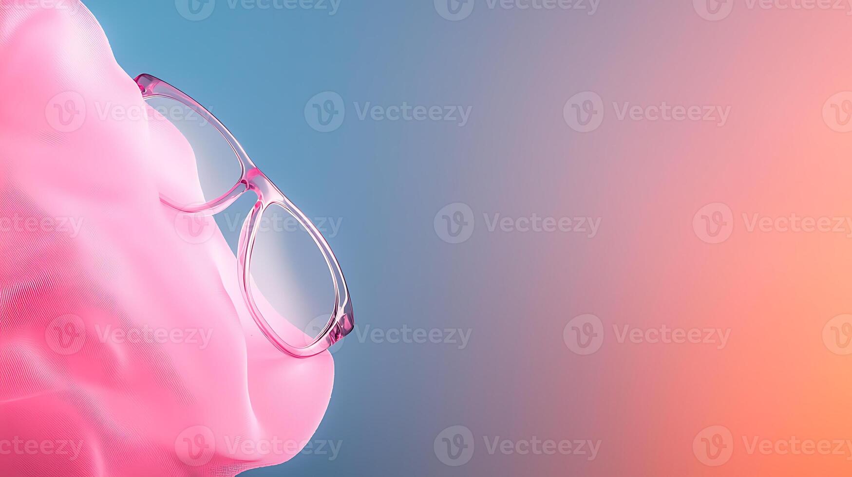 Pink abstract shape with glasses against a gradient background, creating a surreal visual effect photo