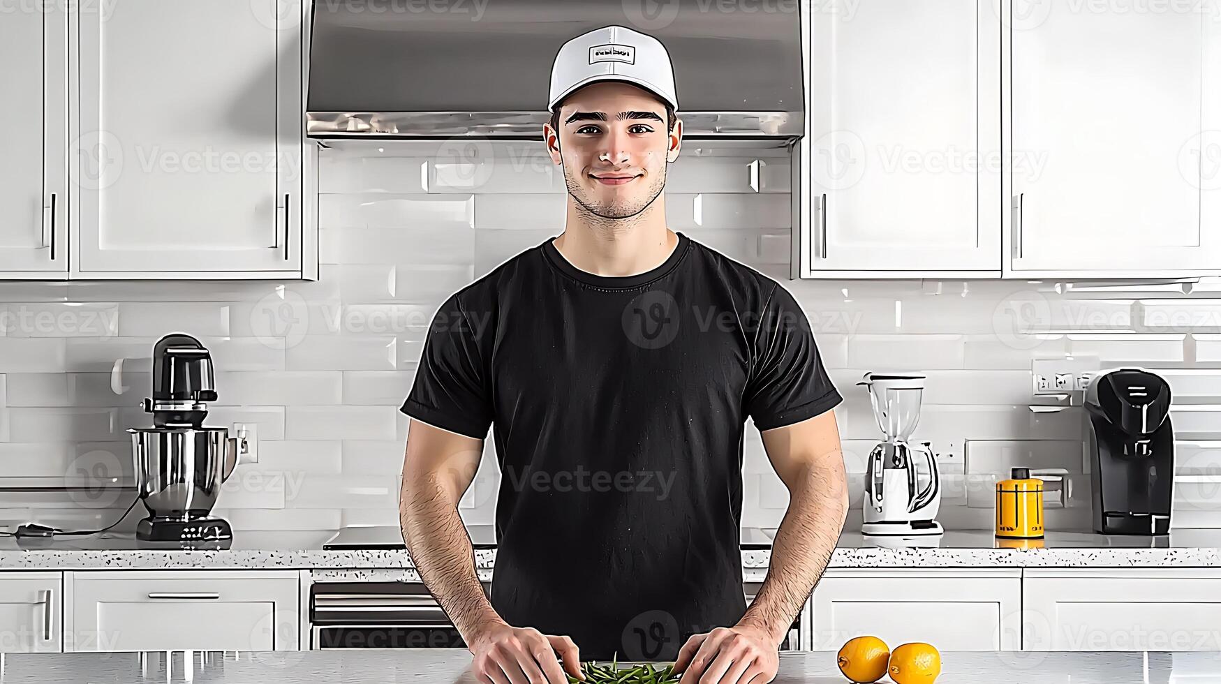 Young man in a black t-shirt preparing fresh vegetables in a modern kitchen setting photo