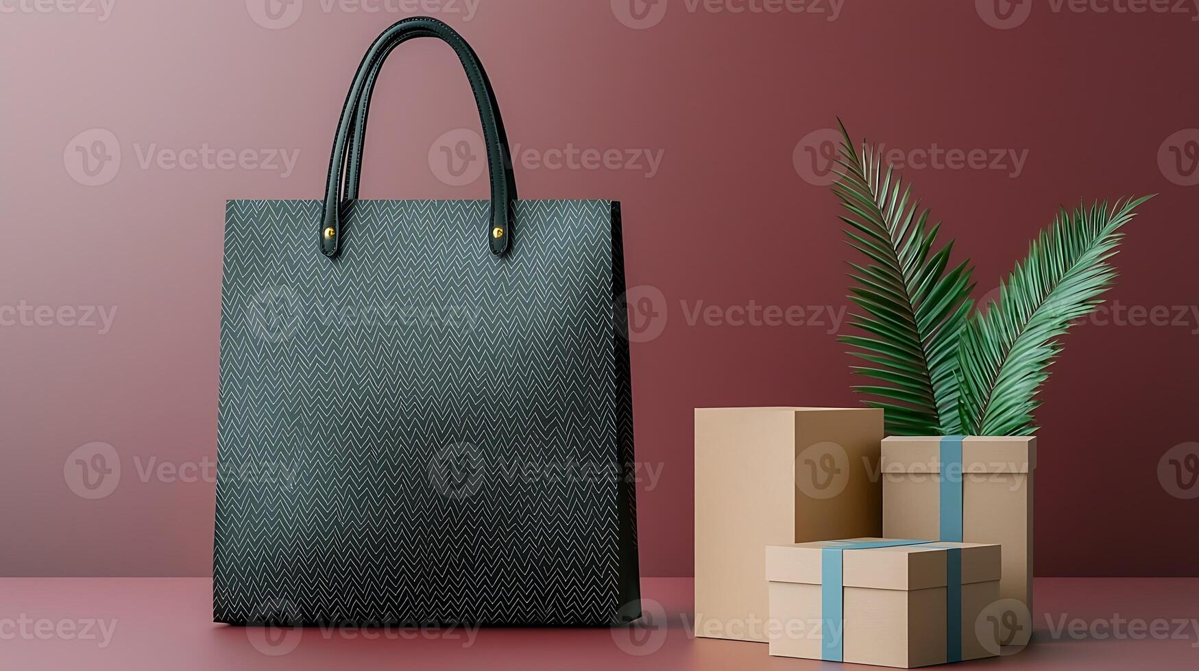 Stylish black handbag displayed on a minimalist backdrop with gift boxes and greenery photo