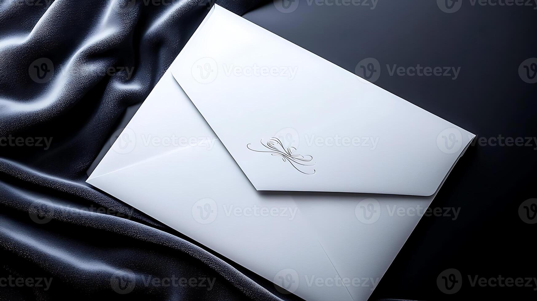 Elegant white envelope resting on luxurious dark fabric, suggesting a formal invitation or letter photo