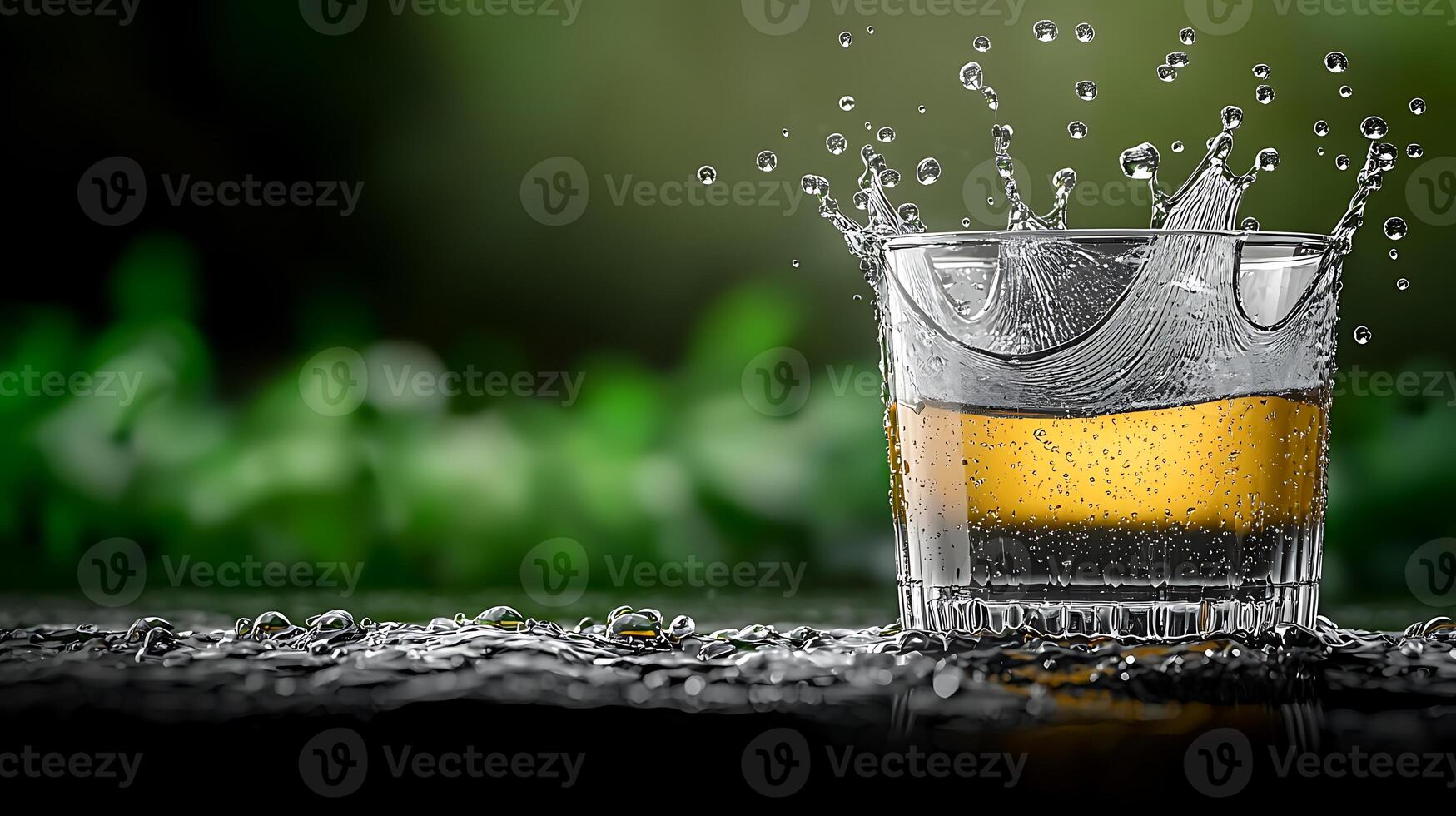 Glass of sparkling drink splashing with ice cubes in a lush green garden background photo