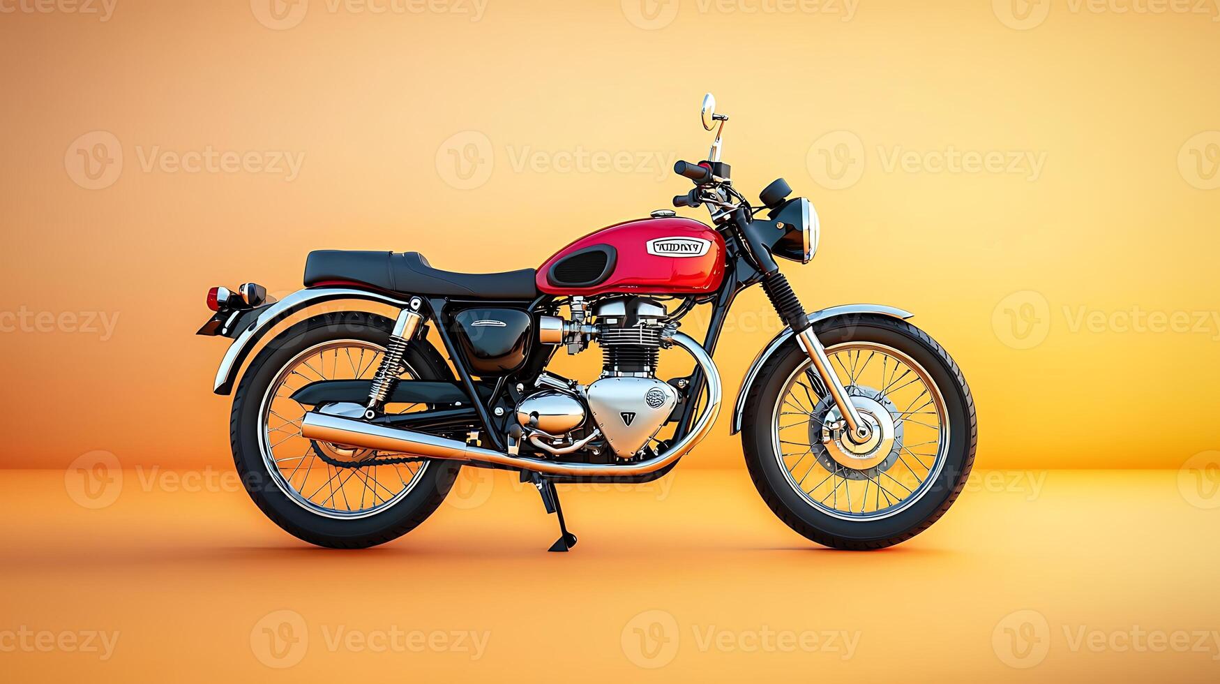 Vintage motorcycle parked against a vibrant orange backdrop, showcasing its classic design and details photo