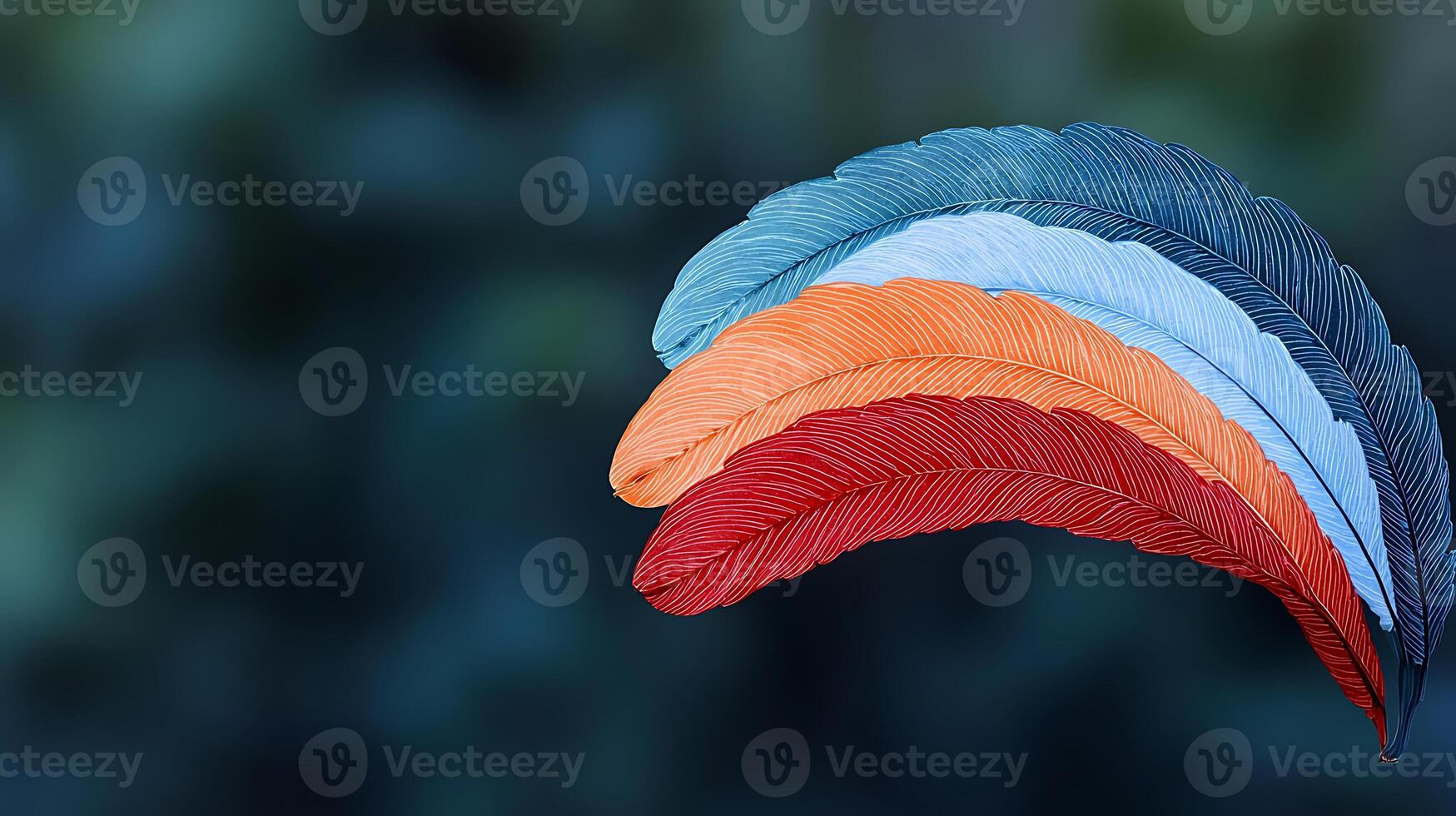 Vibrant colored feathers in a serene natural background, showcasing beauty and diversity photo