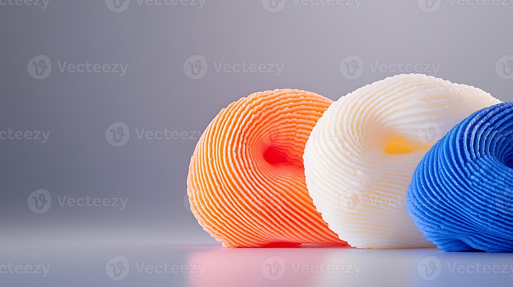 Three colorful spiraled shapes in vibrant orange, white, and blue against a soft gradient background photo