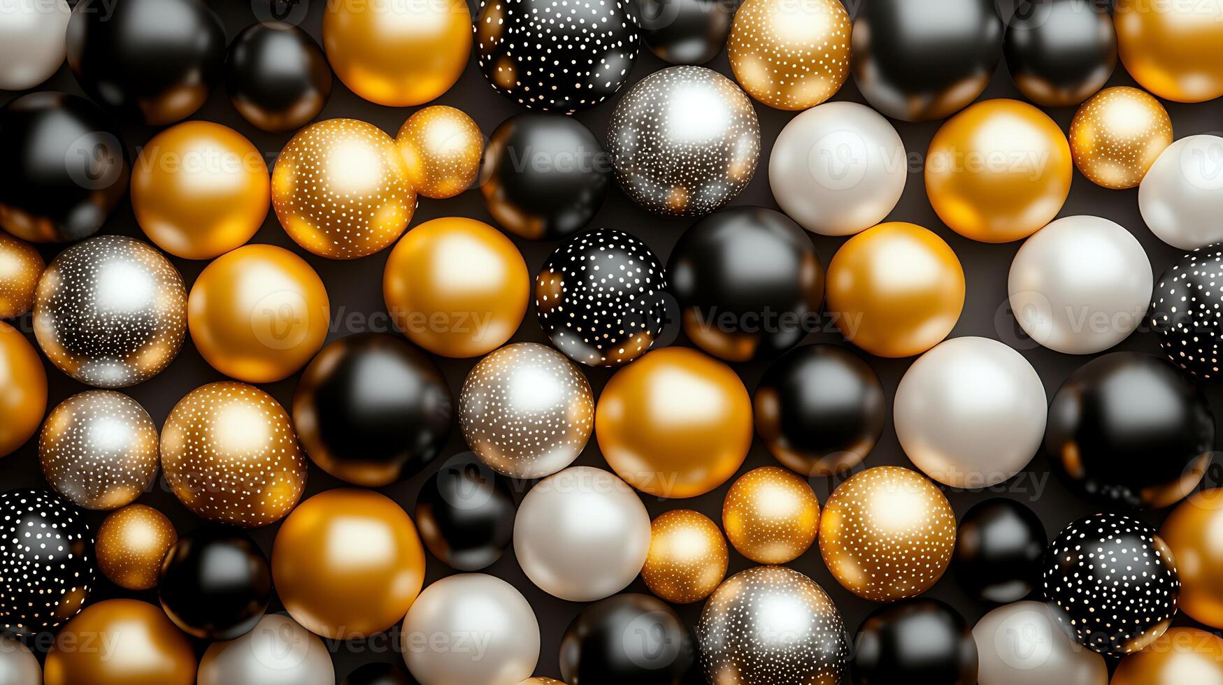 A vibrant arrangement of black, white, and gold decorative spheres on a textured surface photo