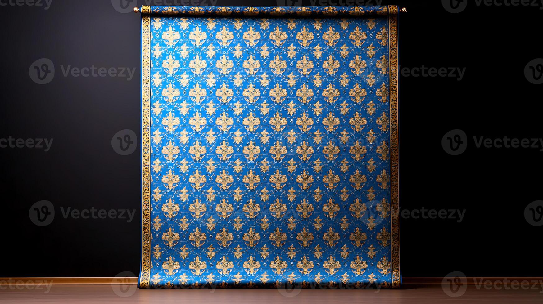 Elegant blue and gold patterned fabric hanging against a dark wall, creating a luxurious atmosphere photo