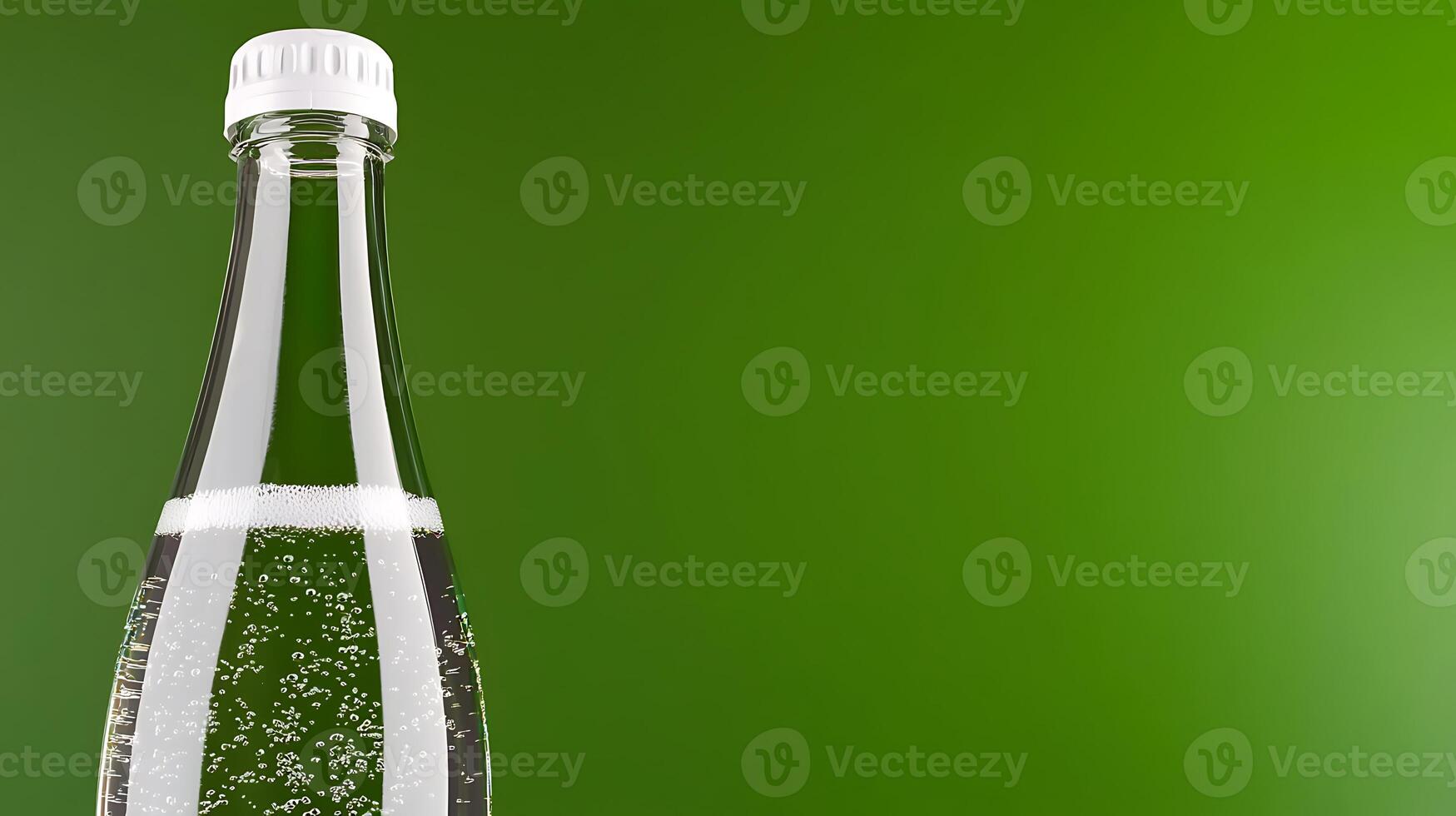 Sparkling water bottle on a vibrant green background with bubbles and no distractions photo
