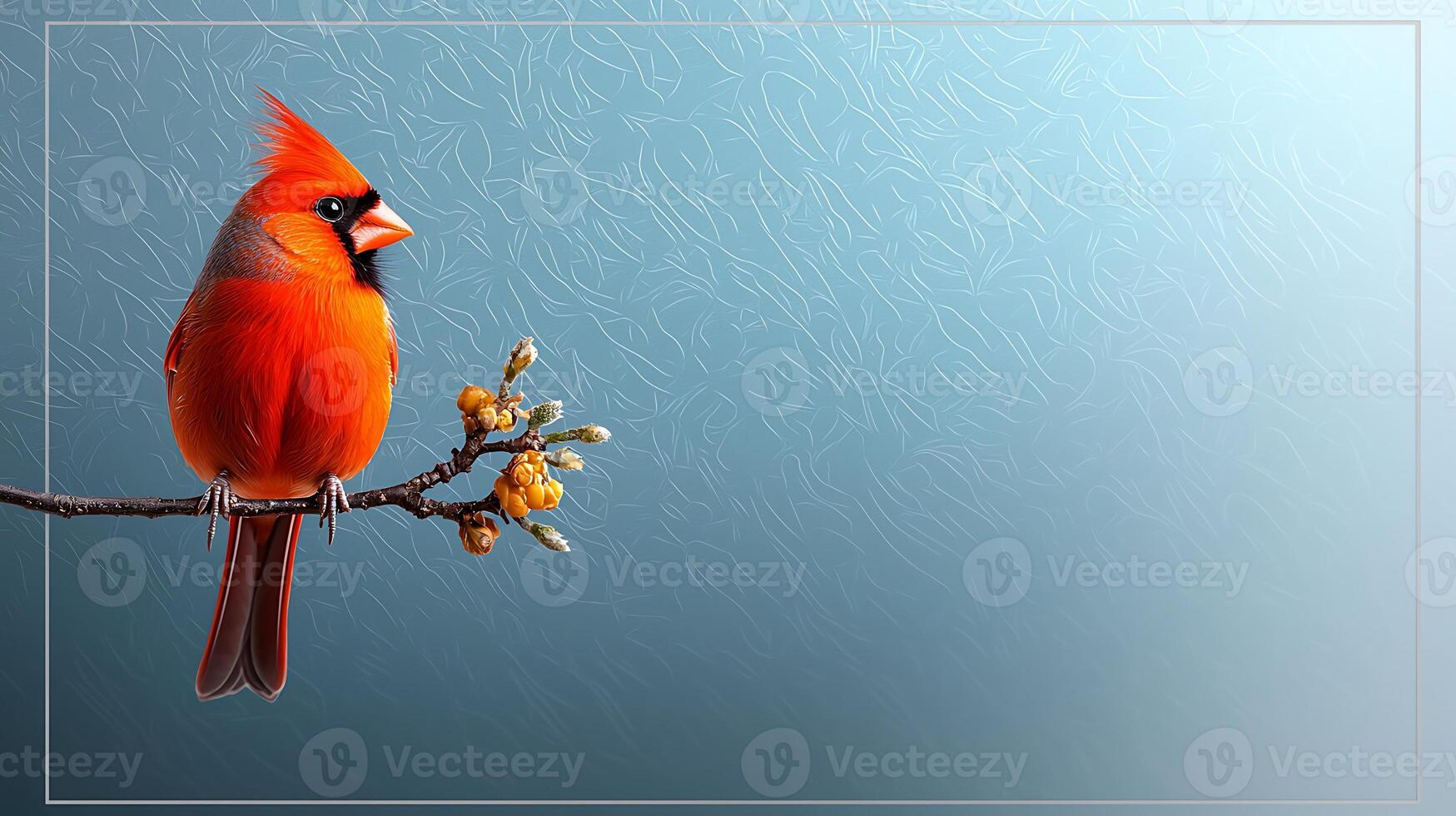 Vibrant red cardinal perched on a branch with budding flowers against a soft blue background photo