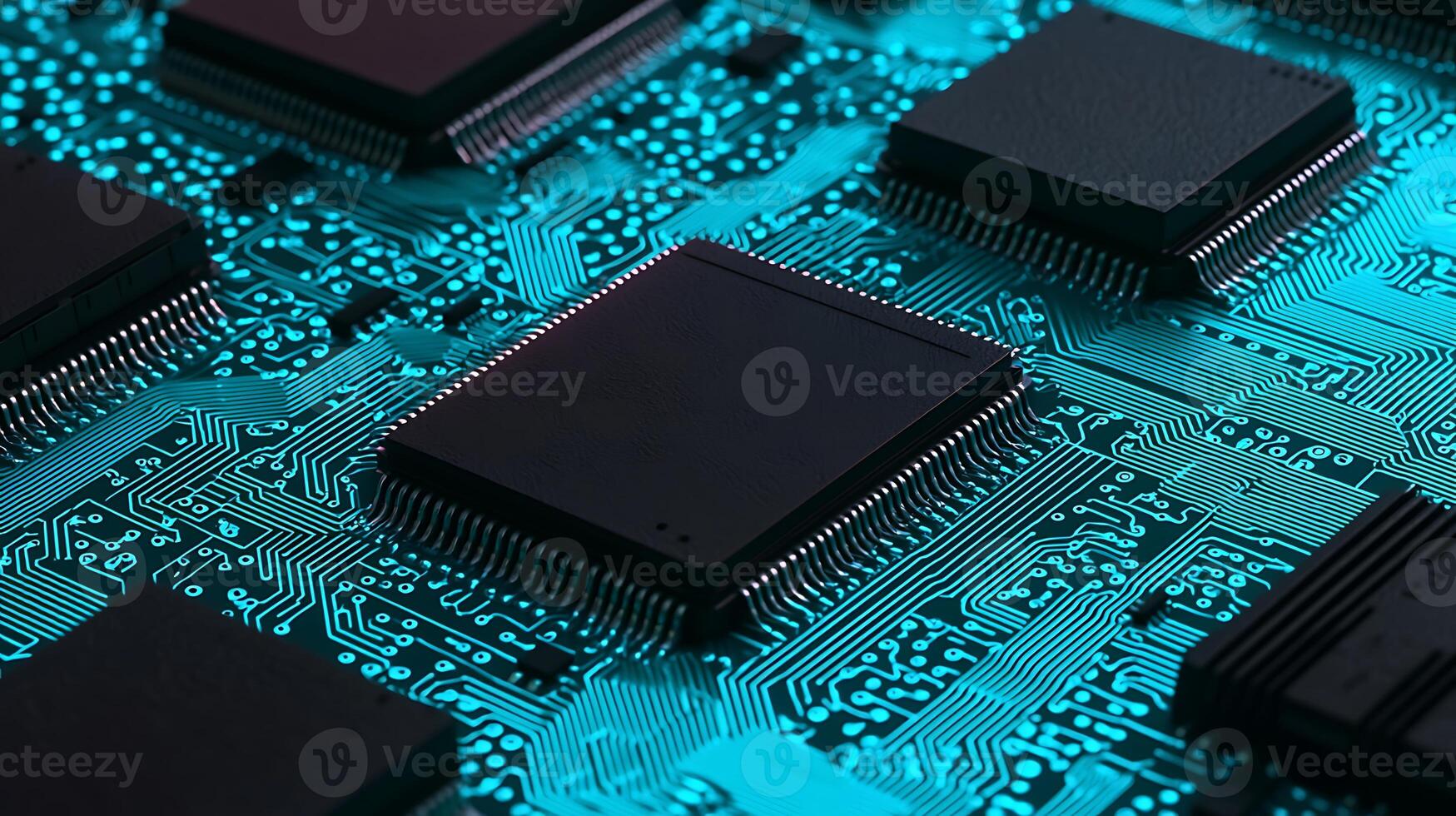 Close-up of a circuit board with microchips illuminated in blue, showcasing intricate designs photo