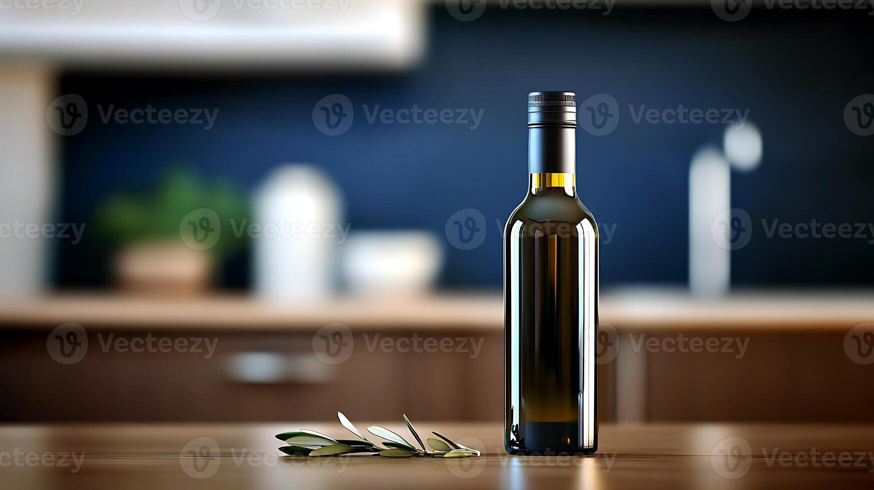 Olive oil bottle on wooden kitchen table with blurred modern kitchen background photo