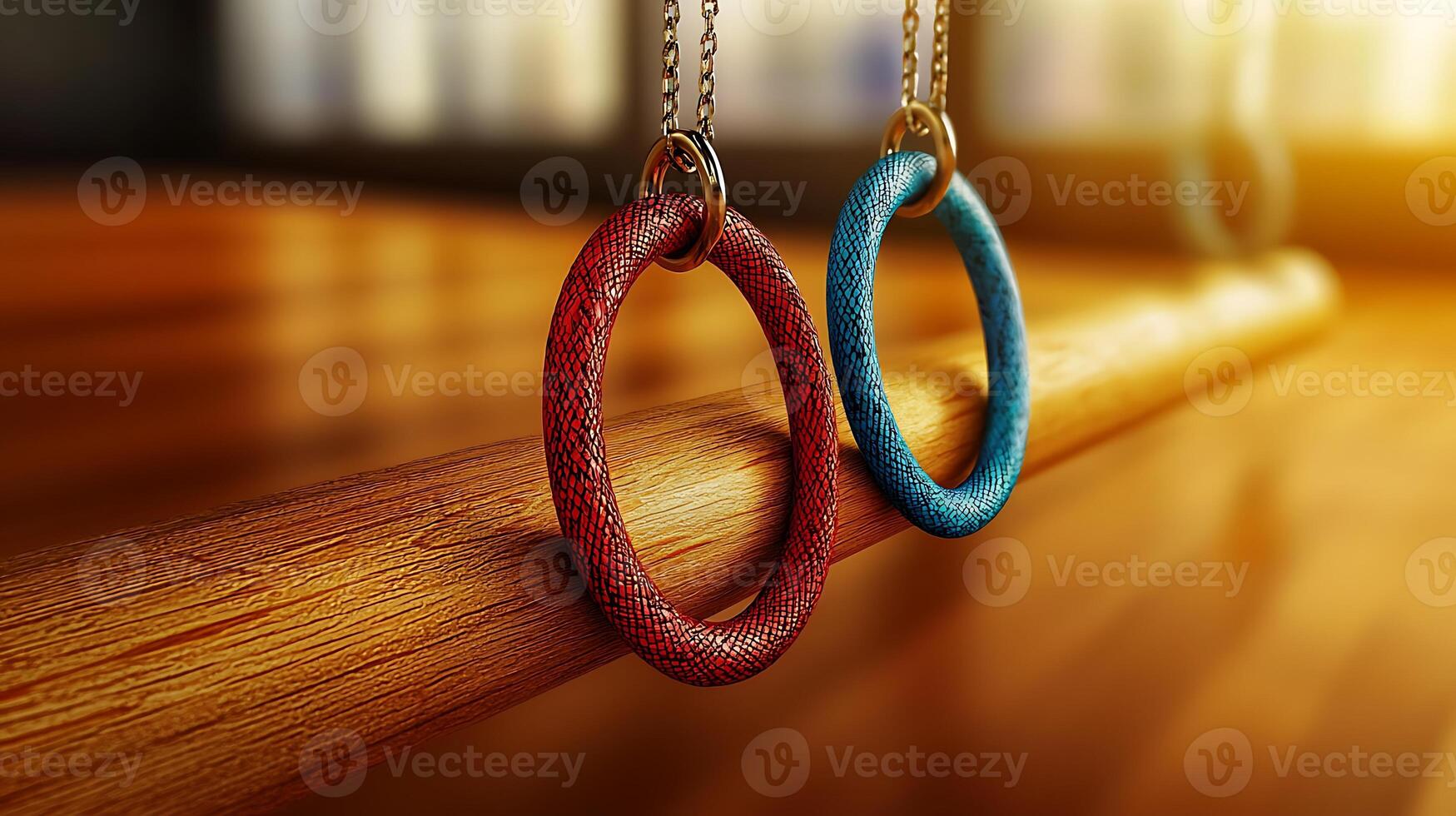 Colorful gym rings hanging on a wooden bar with warm sunlight illuminating the background photo