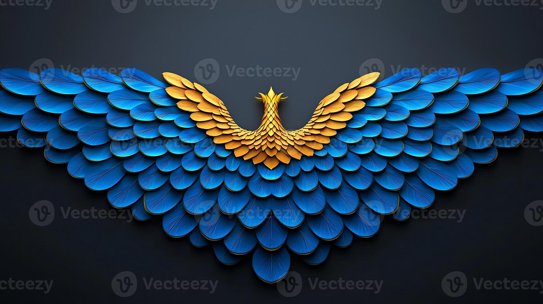 Vibrant, stylized phoenix wings in blue and gold against a dark background, symbolizing rebirth photo