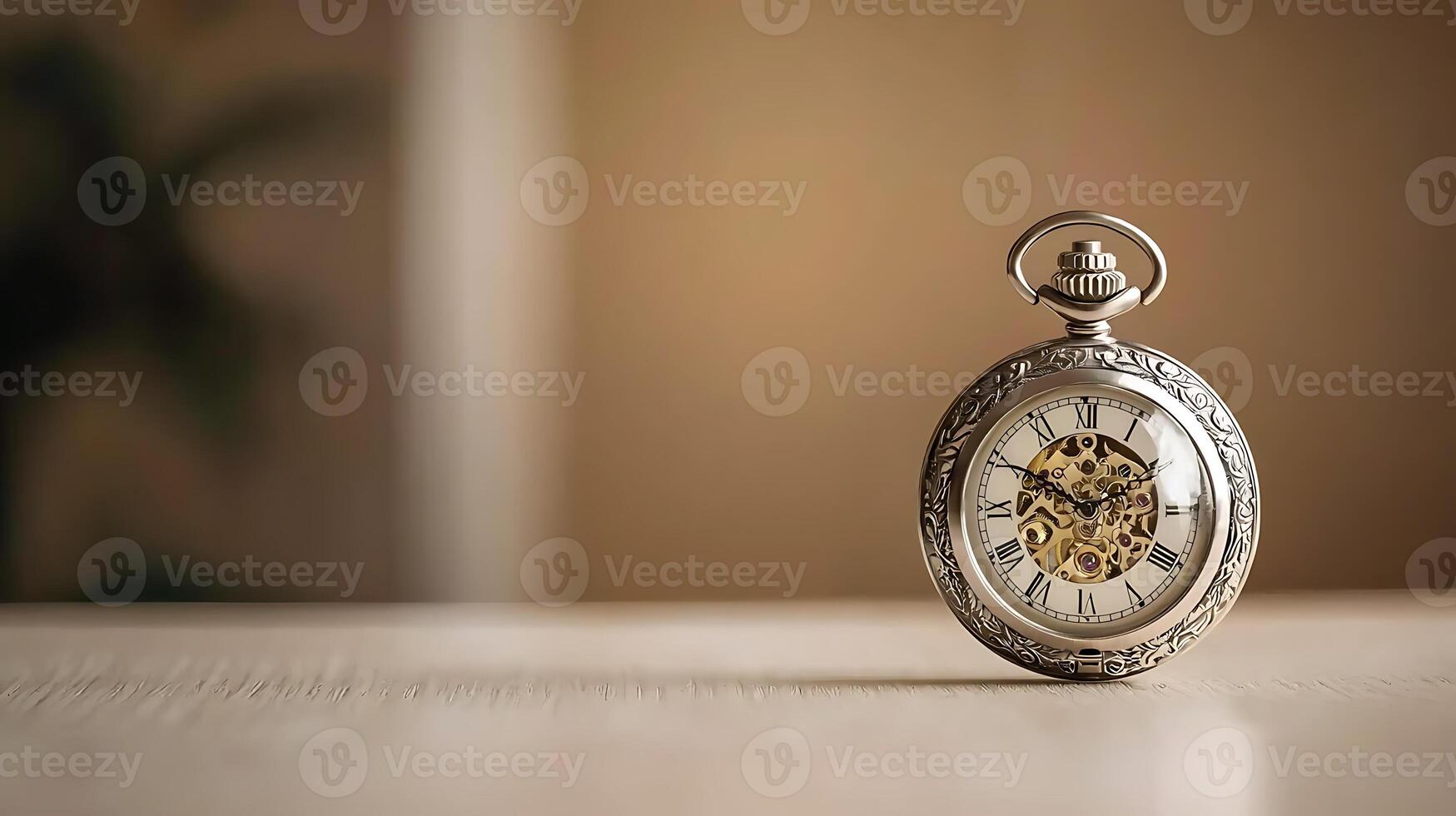 Vintage pocket watch placed on a wooden table with a soft-focus background, evoking nostalgia photo