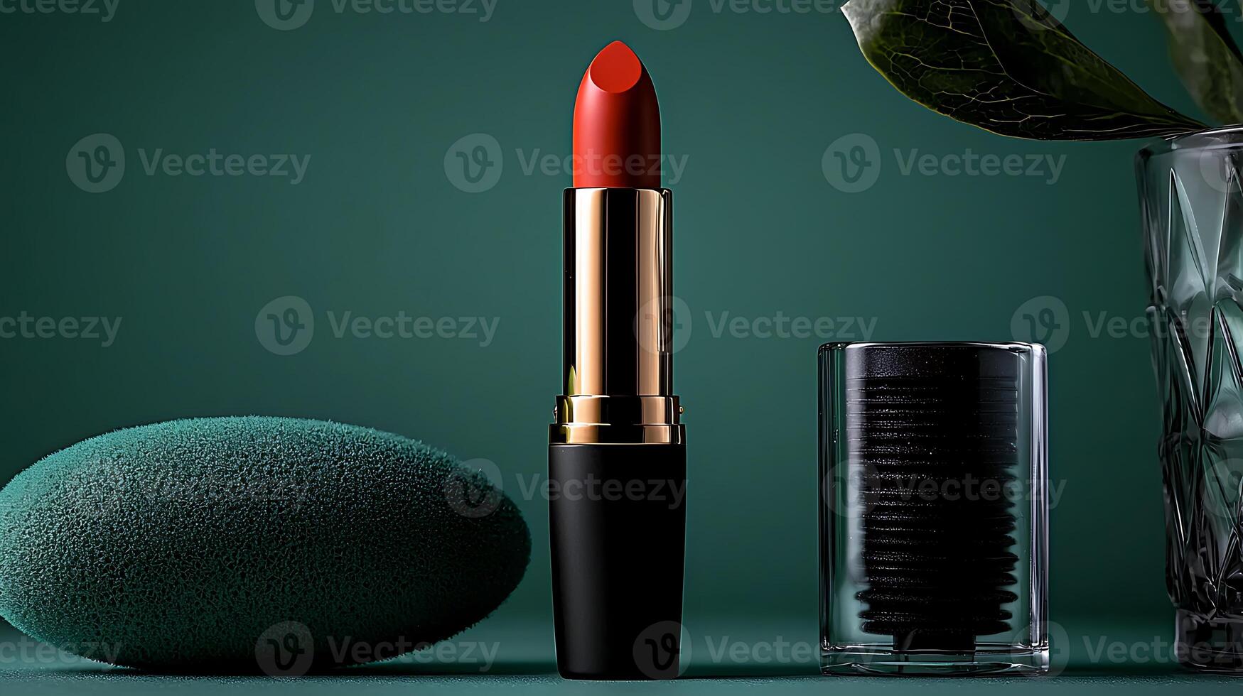 Vibrant red lipstick elegantly placed beside a textured sponge and a stylish container on a green backdrop photo