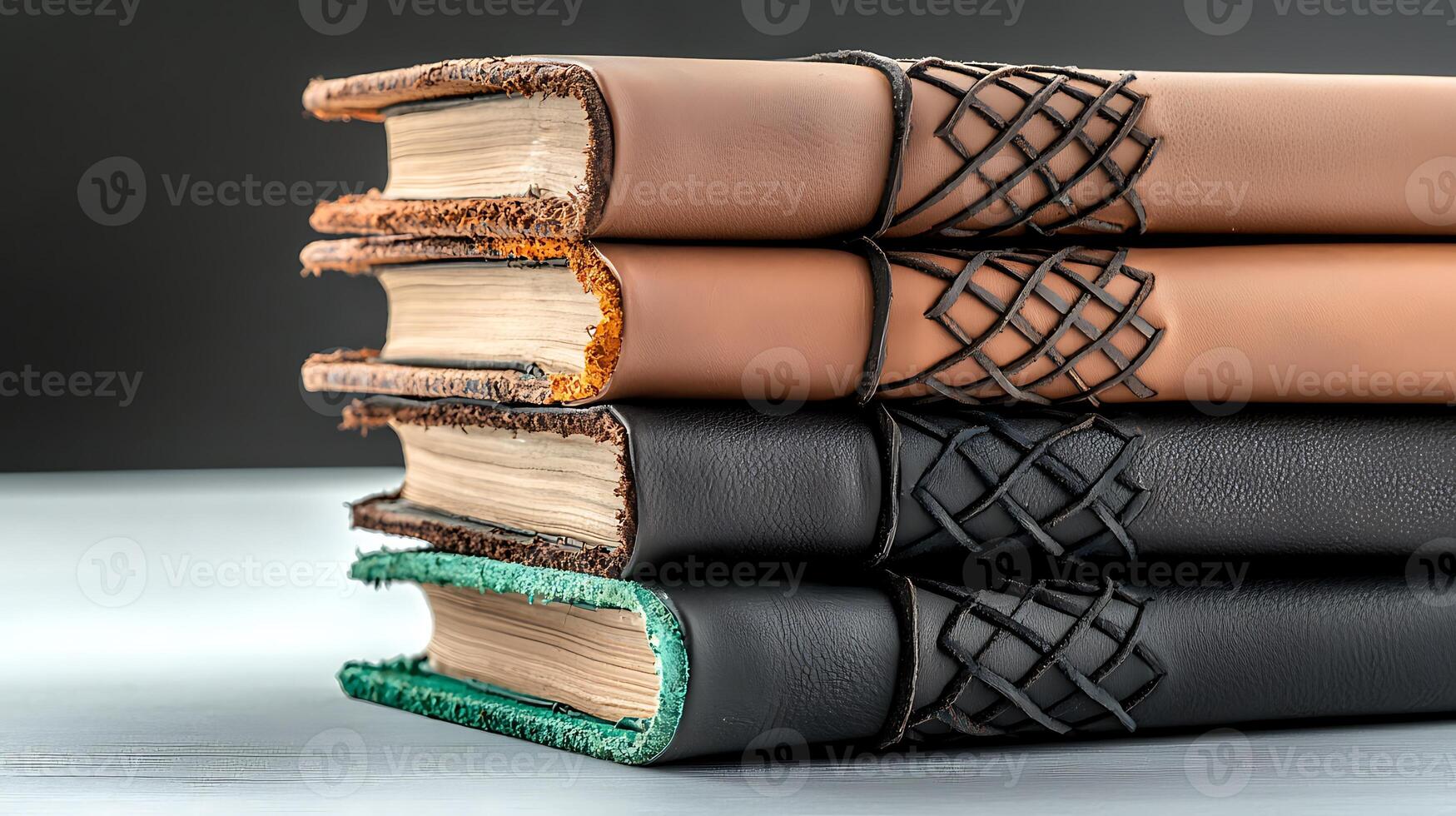 Stacked leather-bound journals with intricate designs on the spines against a dark background photo