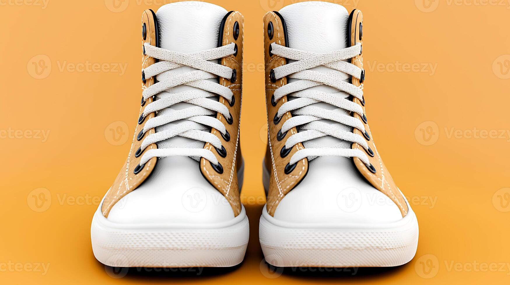 Stylish high-top sneakers on a vibrant orange background, showcasing modern footwear design photo