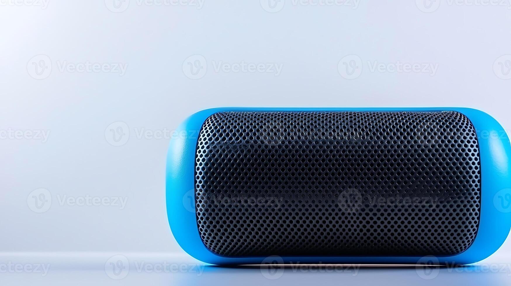 Vibrant blue portable speaker on a minimalist background, showcasing modern design and technology photo