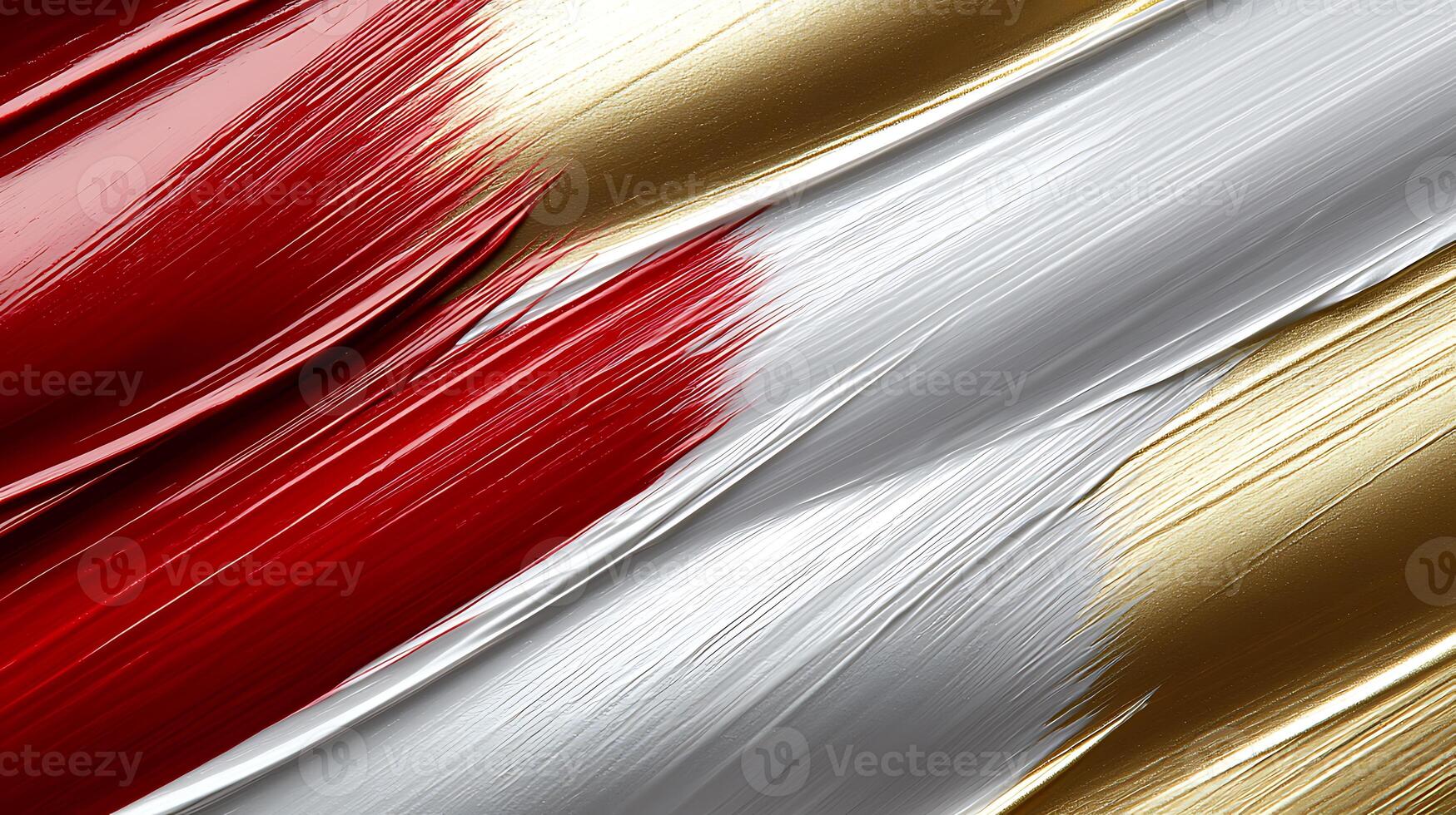 Abstract close-up of vibrant red, white, and gold paint strokes creating a dynamic texture photo