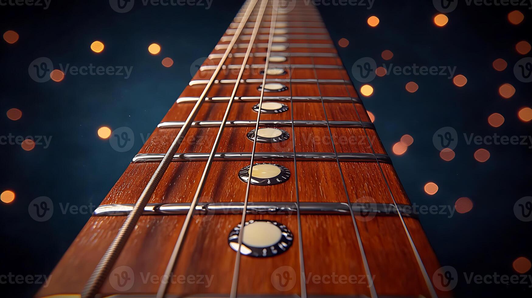 Close-up view of a guitar neck with illuminated bokeh lights in the background, creating a musical ambiance photo