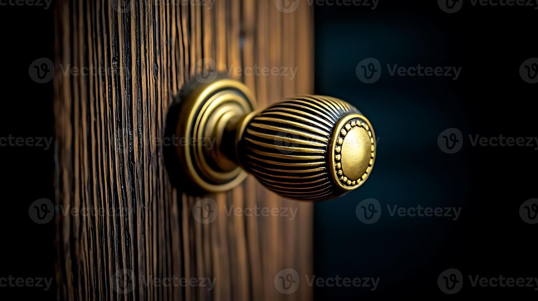Close-up of an ornate brass door knob on a textured wooden door, creating an inviting atmosphere photo