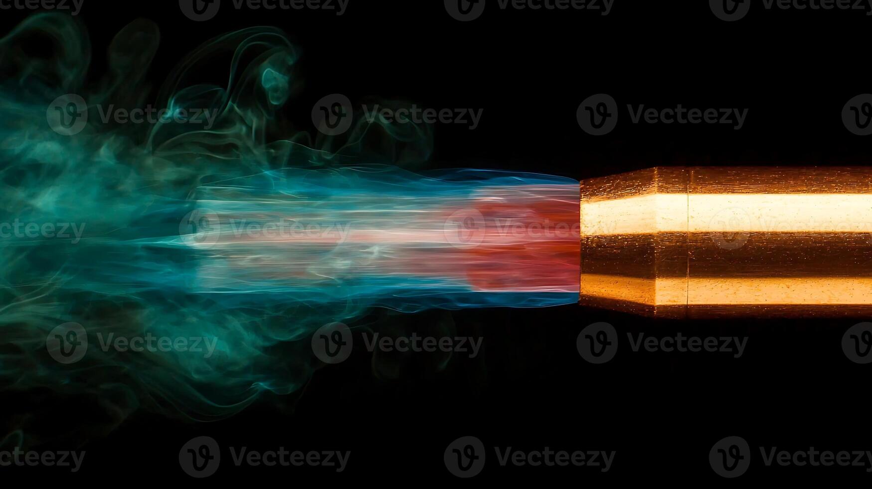 Close-up view of a bullet being fired, showcasing vibrant smoke trails against a dark backdrop photo