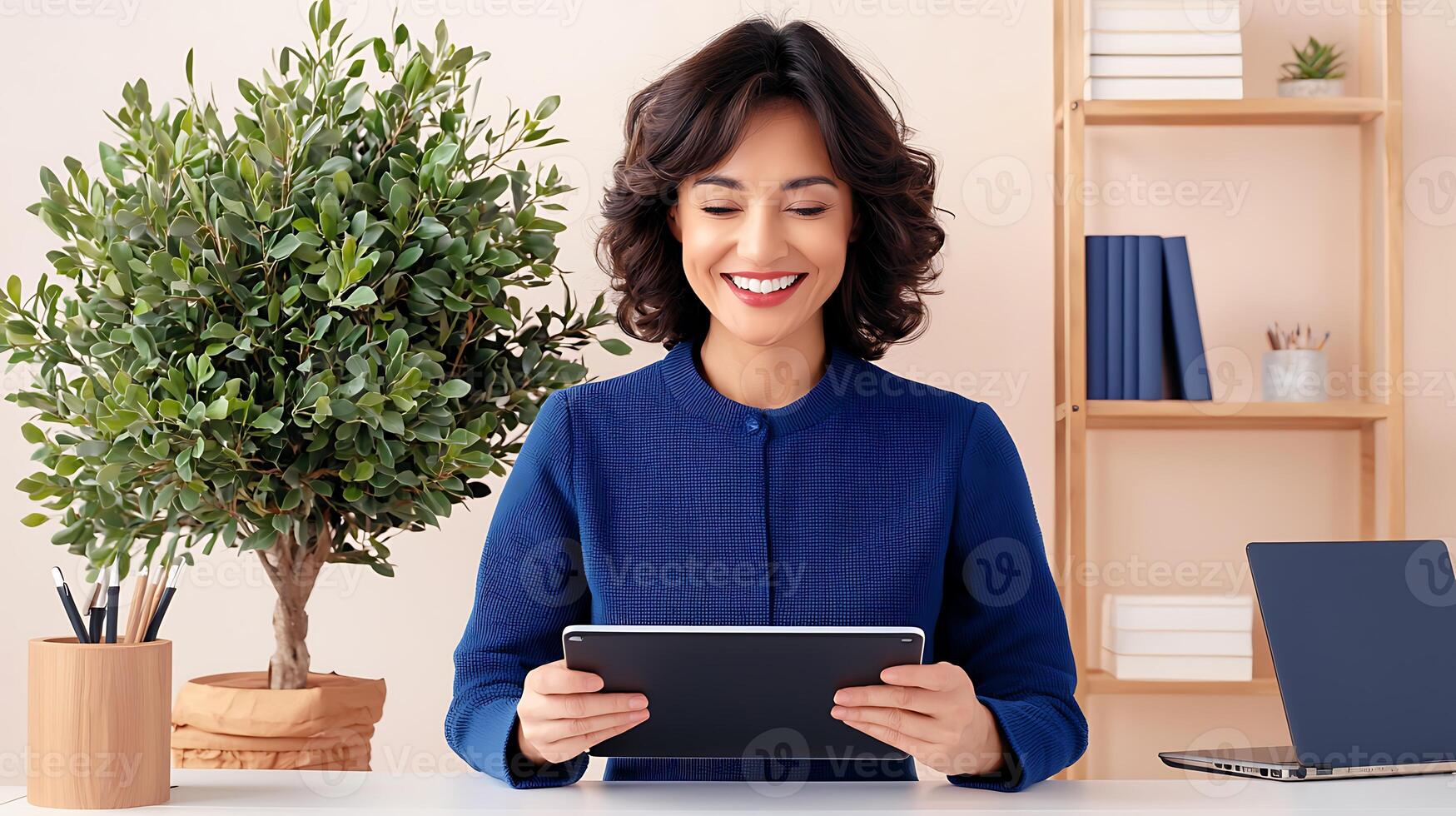 Smiling woman using a tablet at a modern workspace with plants and bookshelves in the background photo