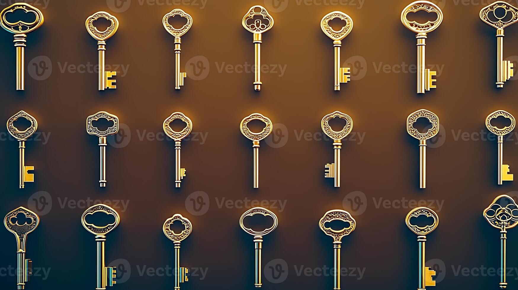 A collection of ornate vintage keys arranged in a grid pattern against a warm gradient background photo