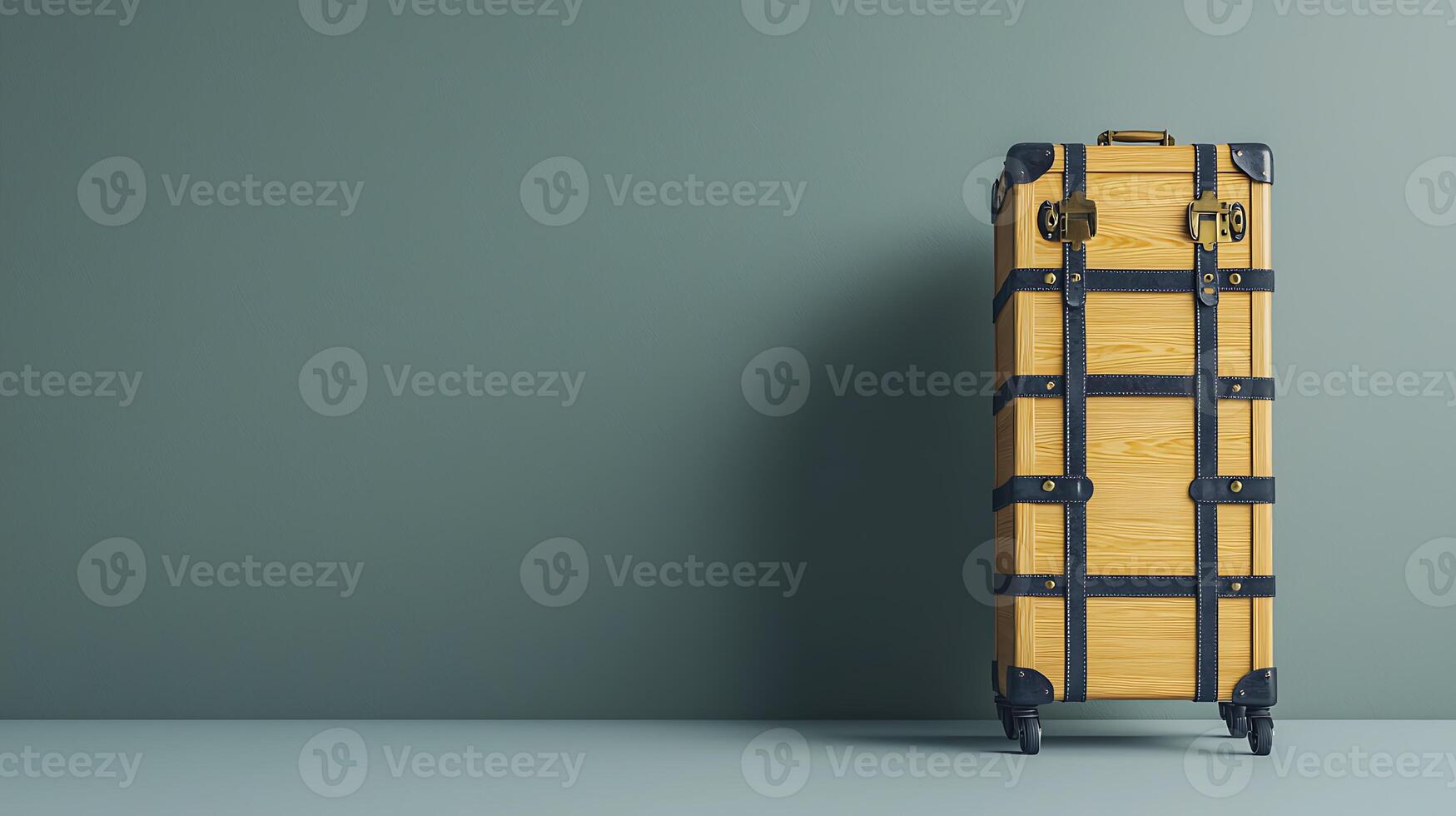 Vintage wooden suitcase with leather straps against a minimalist gray wall, evoking travel nostalgia photo