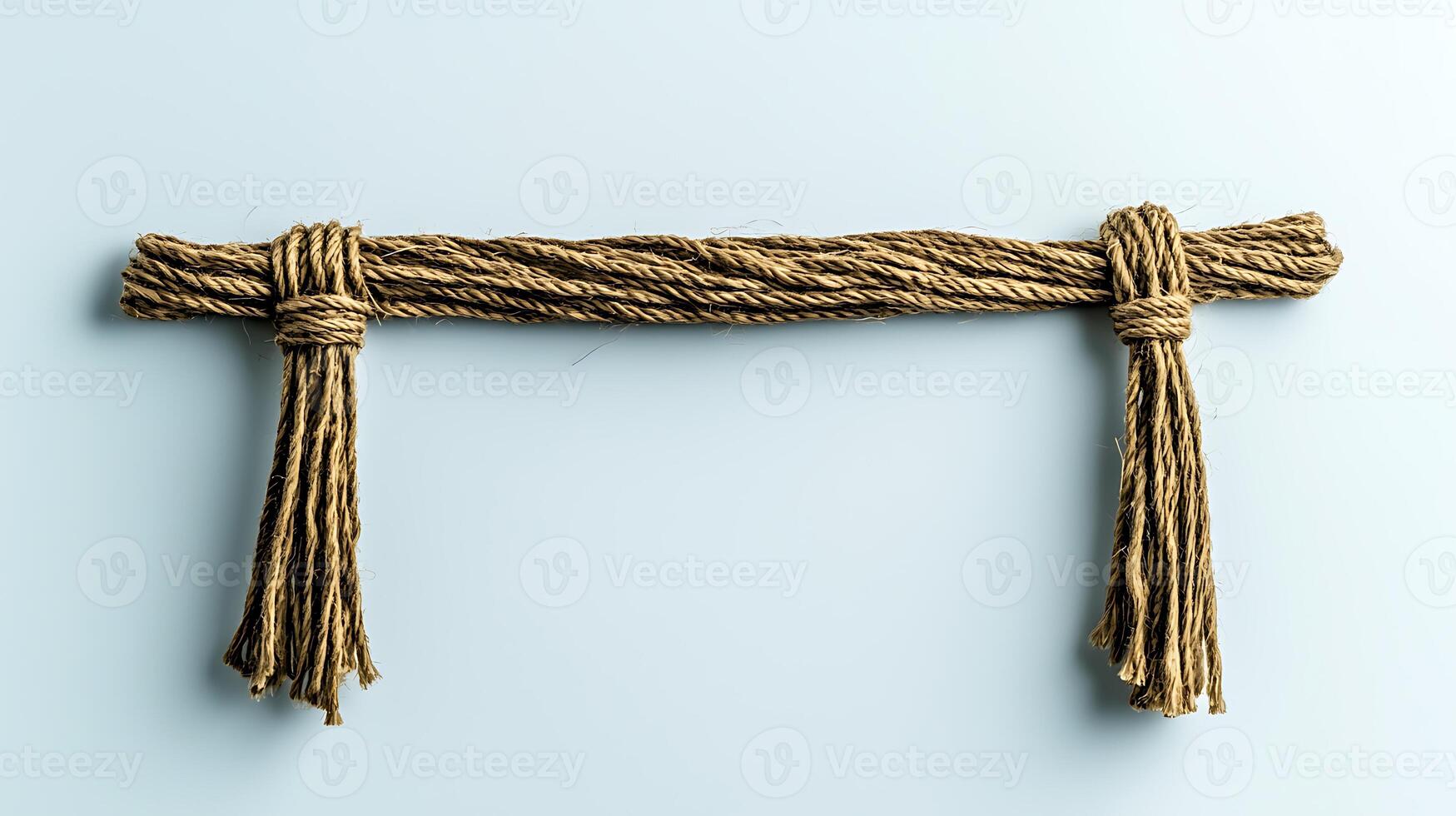 Rustic rope decoration hanging with tassels against a soft blue backdrop, ideal for crafts photo