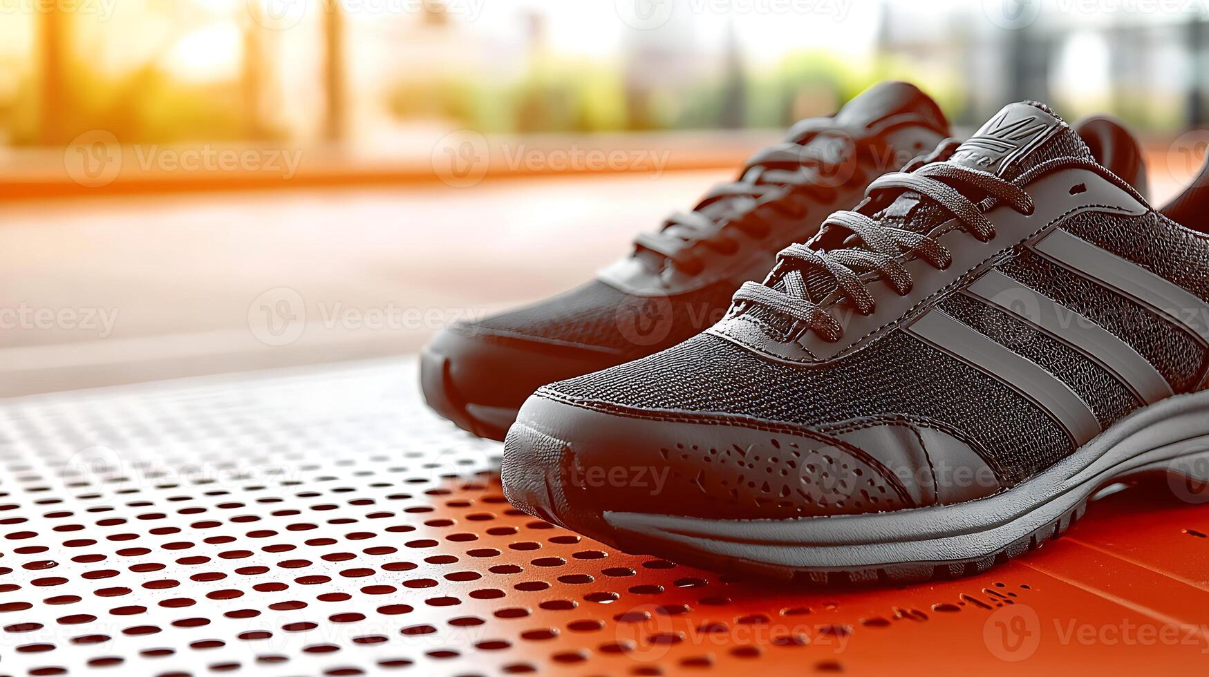 Close-up of stylish black running shoes on a vibrant orange surface with a blurred background photo