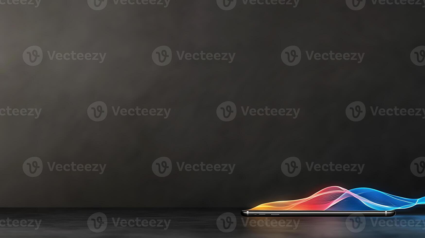 A sleek smartphone displaying vibrant soundwave graphics on a dark textured background photo